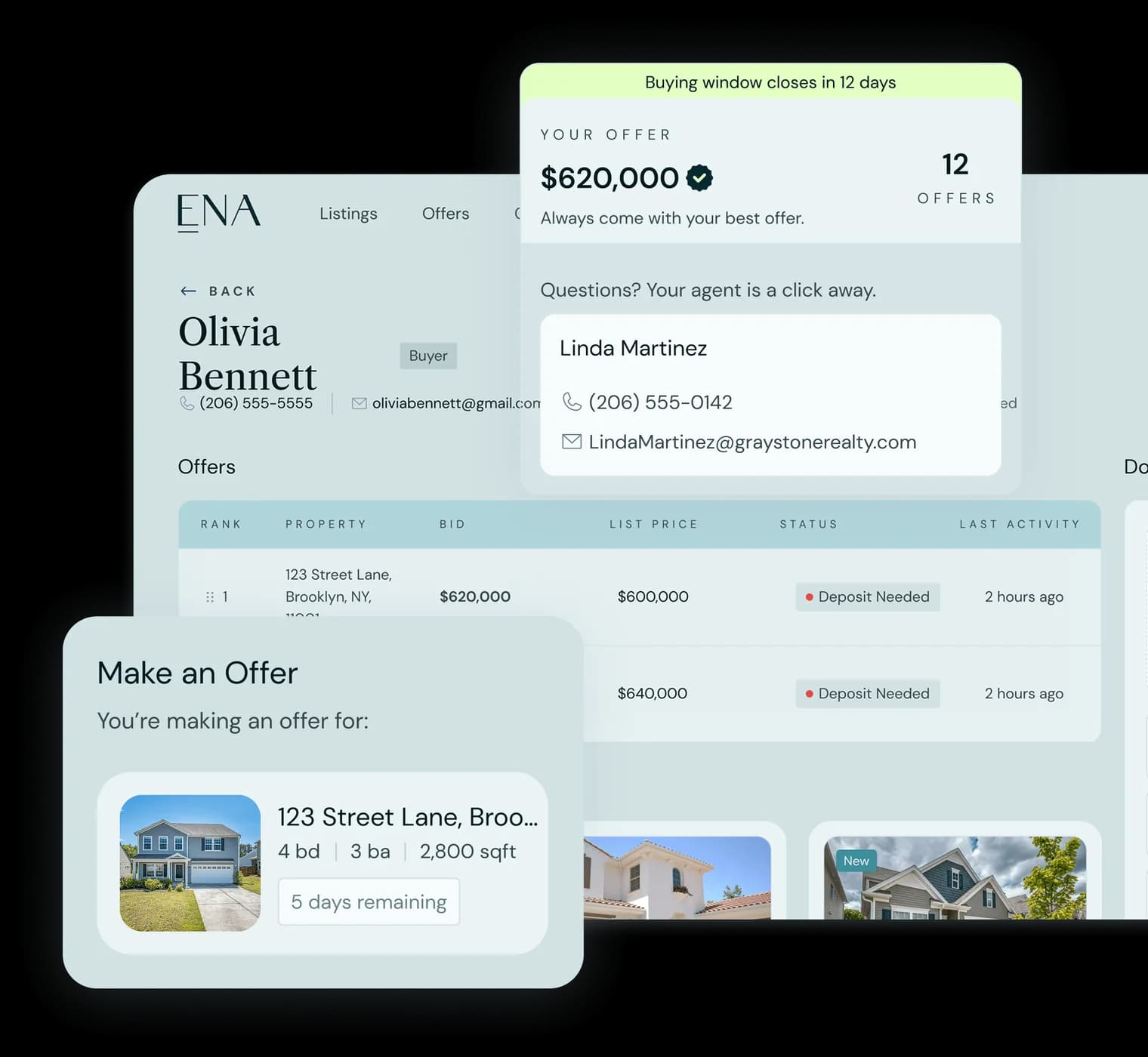 ENA buyer dashboard showing an offer, the buyer's agent contact and the Make an Offer panel