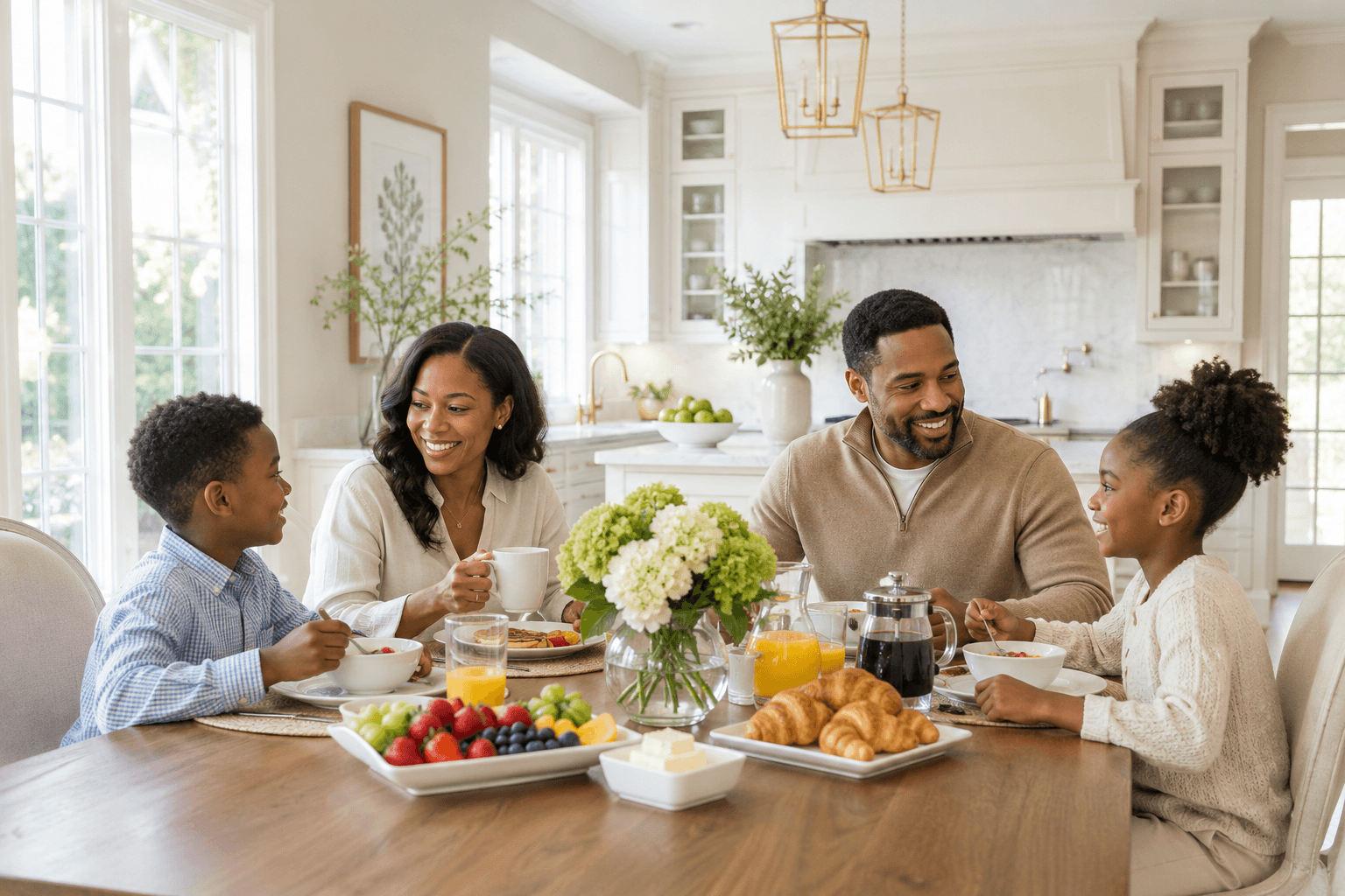 Family gathered at the dining table in their home