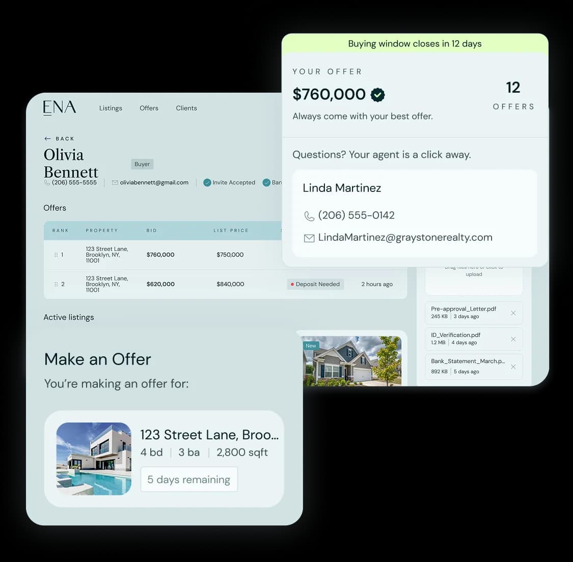 ENA buyer dashboard showing an offer, the buyer's agent contact and the Make an Offer panel