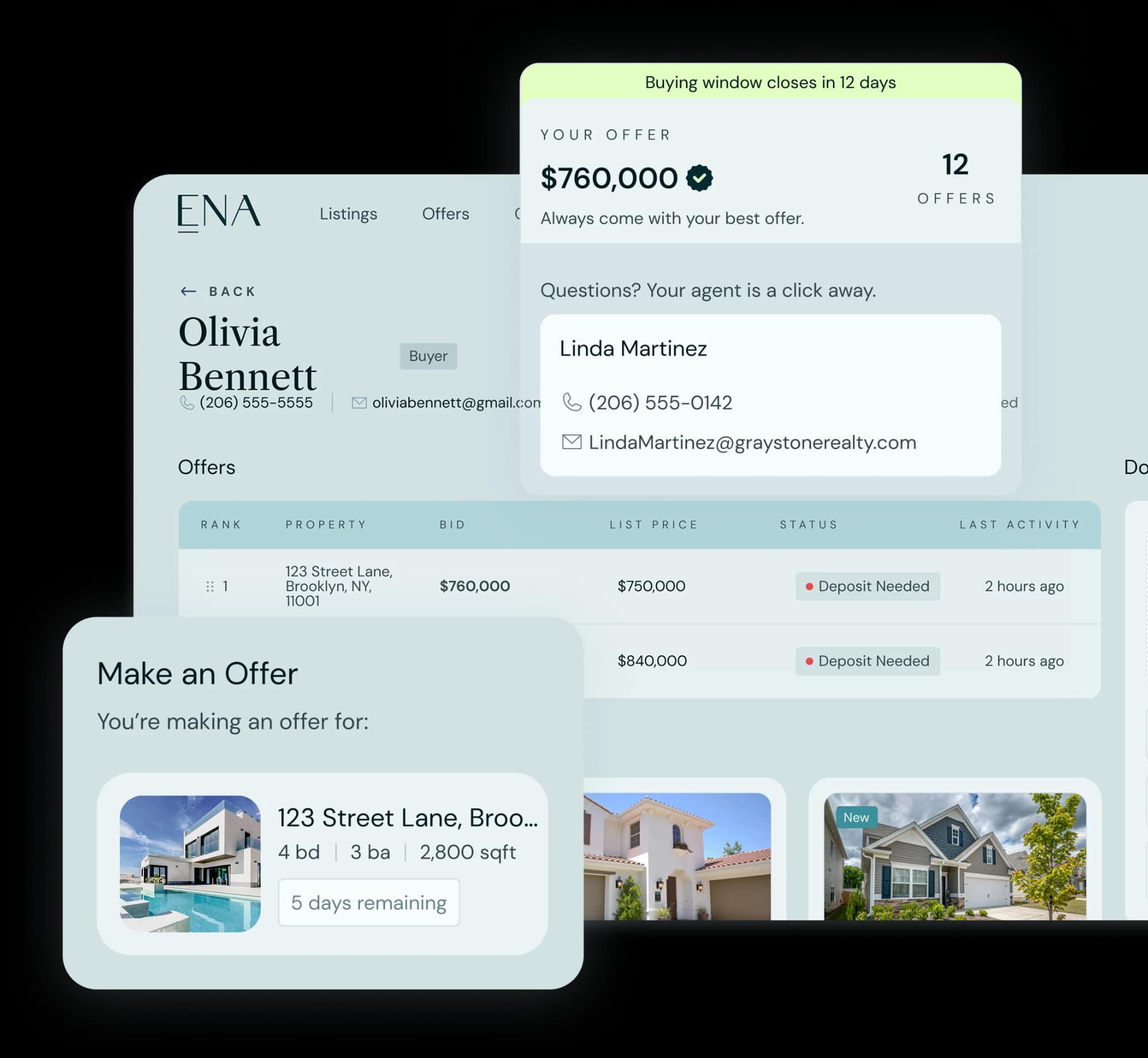 ENA buyer dashboard showing an offer, the buyer's agent contact and the Make an Offer panel